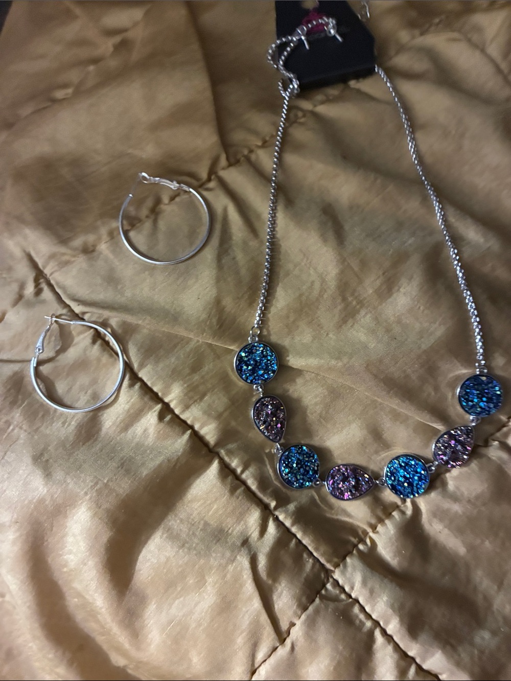 Silver Necklace with Blue and Purple Druzy Accentsplus hoops
